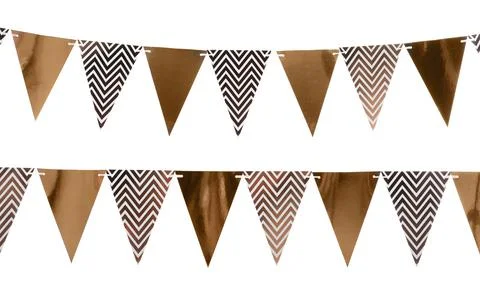 Rows of triangular bunting flags on white background. Festive decor 库存照片