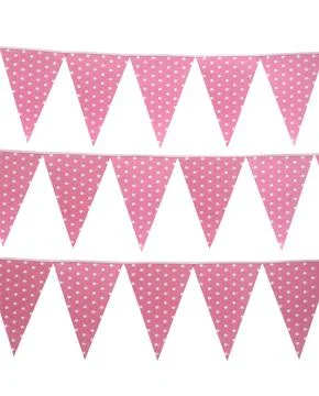 Rows of triangular bunting flags on white background. Festive decor 库存照片