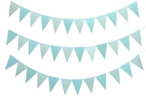 Rows of triangular bunting flags on white background. Festive decor 스톡 사진