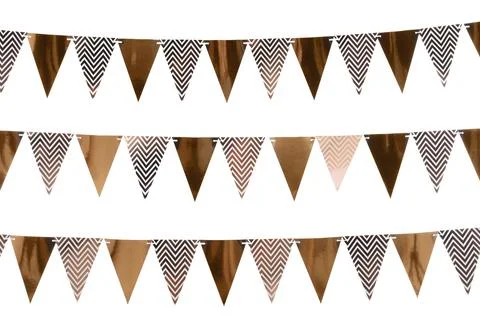 Rows of triangular bunting flags on white background. Festive decor Foto stock