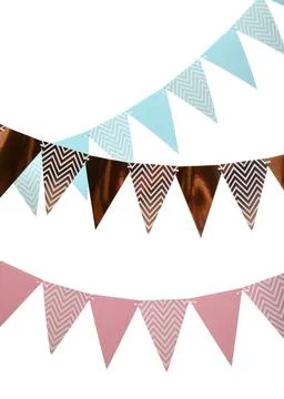Rows of triangular bunting flags on white background. Festive decor 写真素材