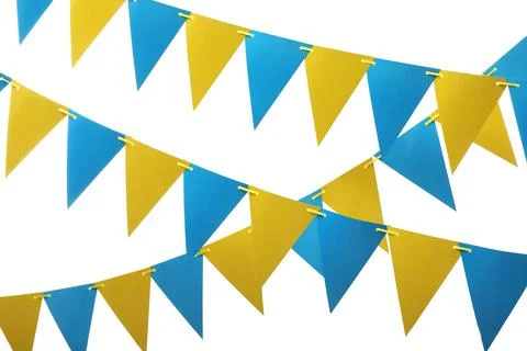 Rows of triangular bunting flags on white background. Festive decor 写真素材