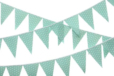 Rows of triangular bunting flags on white background. Festive decor Stock Photos
