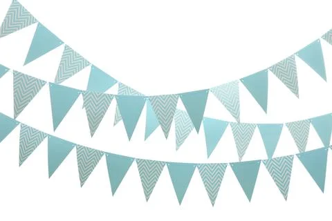 Rows of triangular bunting flags on white background. Festive decor 写真素材