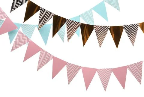 Rows of triangular bunting flags on white background. Festive decor 스톡 사진