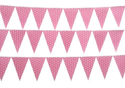 Rows of triangular bunting flags on white background. Festive decor 스톡 사진