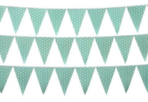Rows of triangular bunting flags on white background. Festive decor Stockfoto's