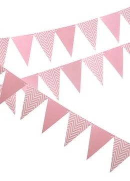 Rows of triangular bunting flags on white background. Festive decor 写真素材