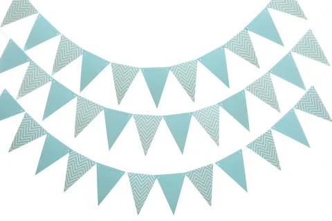 Rows of triangular bunting flags on white background. Festive decor 스톡 사진