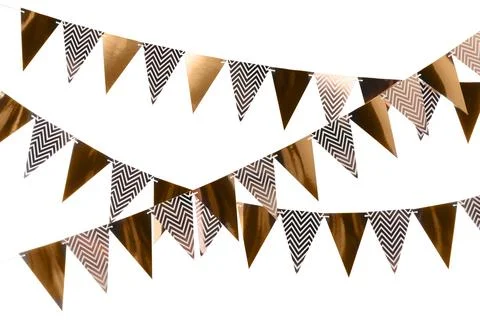 Rows of triangular bunting flags on white background. Festive decor 写真素材