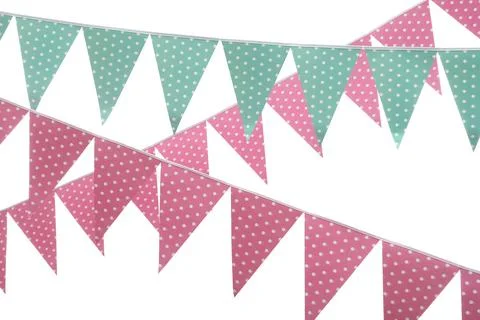 Rows of triangular bunting flags on white background. Festive decor Stock Photos