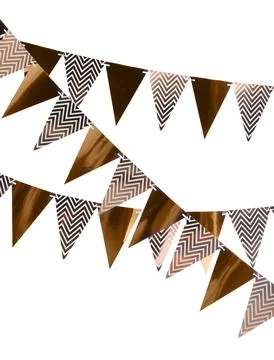 Rows of triangular bunting flags on white background. Festive decor Stock Photos