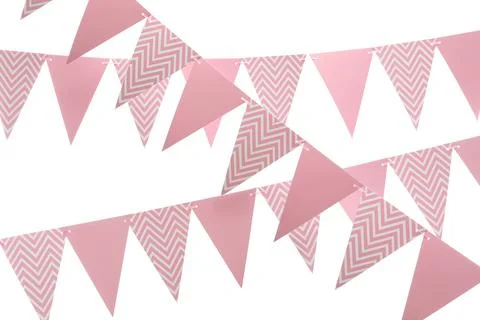 Rows of triangular bunting flags on white background. Festive decor Stock Photos