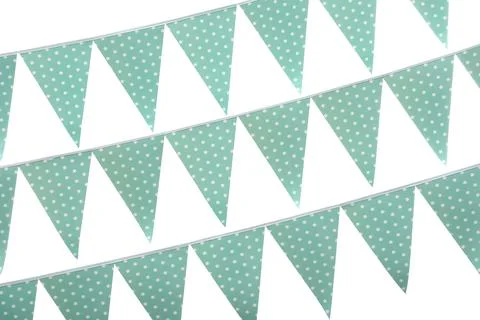Rows of triangular bunting flags on white background. Festive decor 写真素材