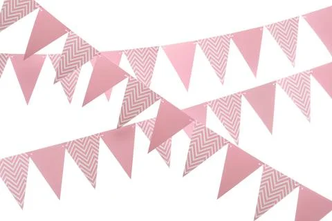 Rows of triangular bunting flags on white background. Festive decor Stock Photos