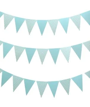 Rows of triangular bunting flags on white background. Festive decor Stock Photos