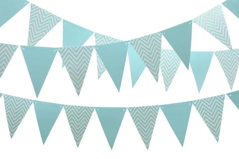 Rows of triangular bunting flags on white background. Festive decor Stock Photos