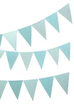 Rows of triangular bunting flags on white background. Festive decor 库存照片
