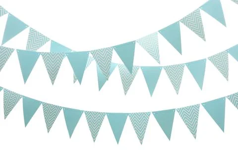 Rows of triangular bunting flags on white background. Festive decor 写真素材
