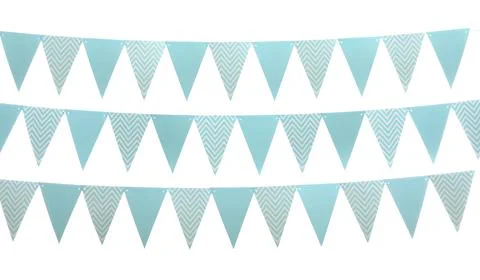 Rows of triangular bunting flags on white background. Festive decor 写真素材