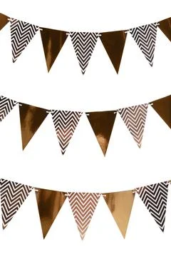 Rows of triangular bunting flags on white background. Festive decor 스톡 사진
