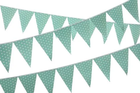 Rows of triangular bunting flags on white background. Festive decor 写真素材