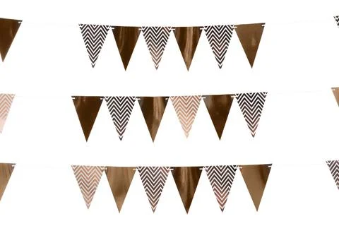 Rows of triangular bunting flags on white background. Festive decor Stock Photos
