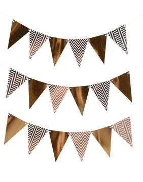 Rows of triangular bunting flags on white background. Festive decor 스톡 사진