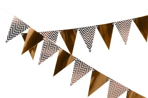 Rows of triangular bunting flags on white background. Festive decor 스톡 사진