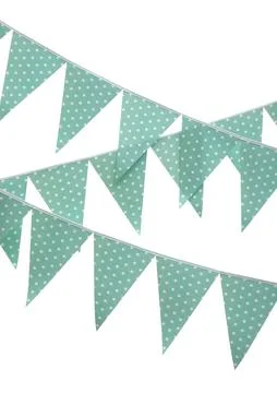 Rows of triangular bunting flags on white background. Festive decor 写真素材