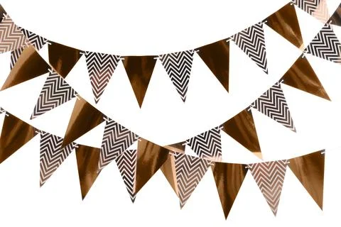 Rows of triangular bunting flags on white background. Festive decor 스톡 사진