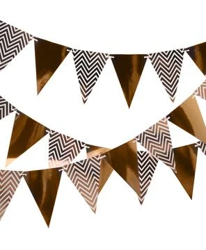 Rows of triangular bunting flags on white background. Festive decor Foto stock