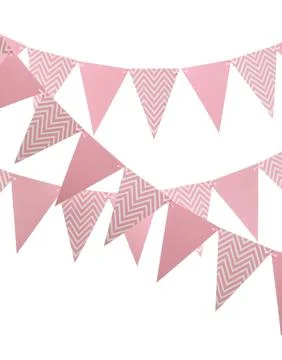Rows of triangular bunting flags on white background. Festive decor Stock Photos