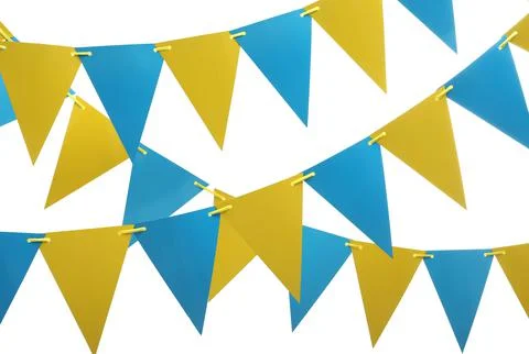 Rows of triangular bunting flags on white background. Festive decor Stock Photos
