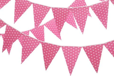 Rows of triangular bunting flags on white background. Festive decor Stockfoto's