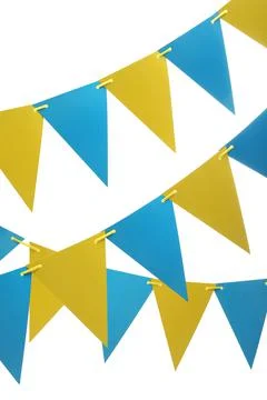 Rows of triangular bunting flags on white background. Festive decor Stock Photos