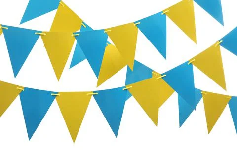 Rows of triangular bunting flags on white background. Festive decor Stock Photos