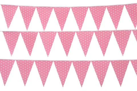 Rows of triangular bunting flags on white background. Festive decor 스톡 사진