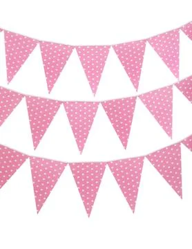 Rows of triangular bunting flags on white background. Festive decor 스톡 사진