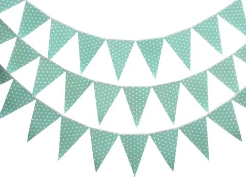 Rows of triangular bunting flags on white background. Festive decor 写真素材