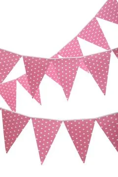 Rows of triangular bunting flags on white background. Festive decor Stock Photos