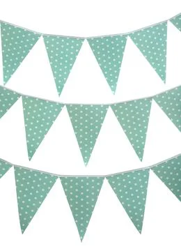 Rows of triangular bunting flags on white background. Festive decor Stock Photos