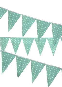 Rows of triangular bunting flags on white background. Festive decor 写真素材