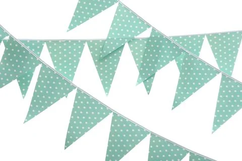 Rows of triangular bunting flags on white background. Festive decor Stockfoto's