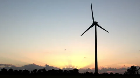 Rows of Turbines Across the Plain — Warm Evening Light Stock Footage 320000351