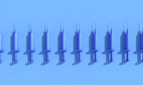 Rows of vaccination syringes lined up on a blue background. 3D Rendering Stock Illustration