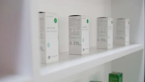 Rows of various types of drugs and medicines in packages on the pharmacy  Stock Footage 232643774