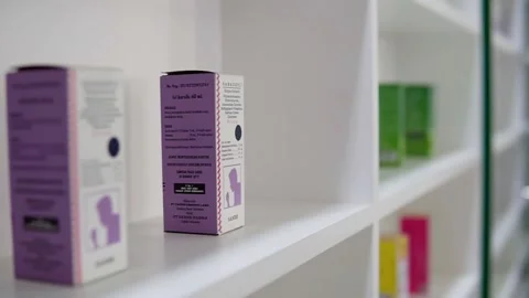 Rows of various types of drugs and medicines in packages on the pharmacy  Stock Footage 232643778