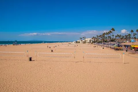 Rows of volleyball nets seen on the beach at Huntington Beach, California Stock Photos