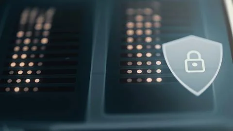 Rows of warm server lights appear beside a translucent shield carrying Stockfoto's
